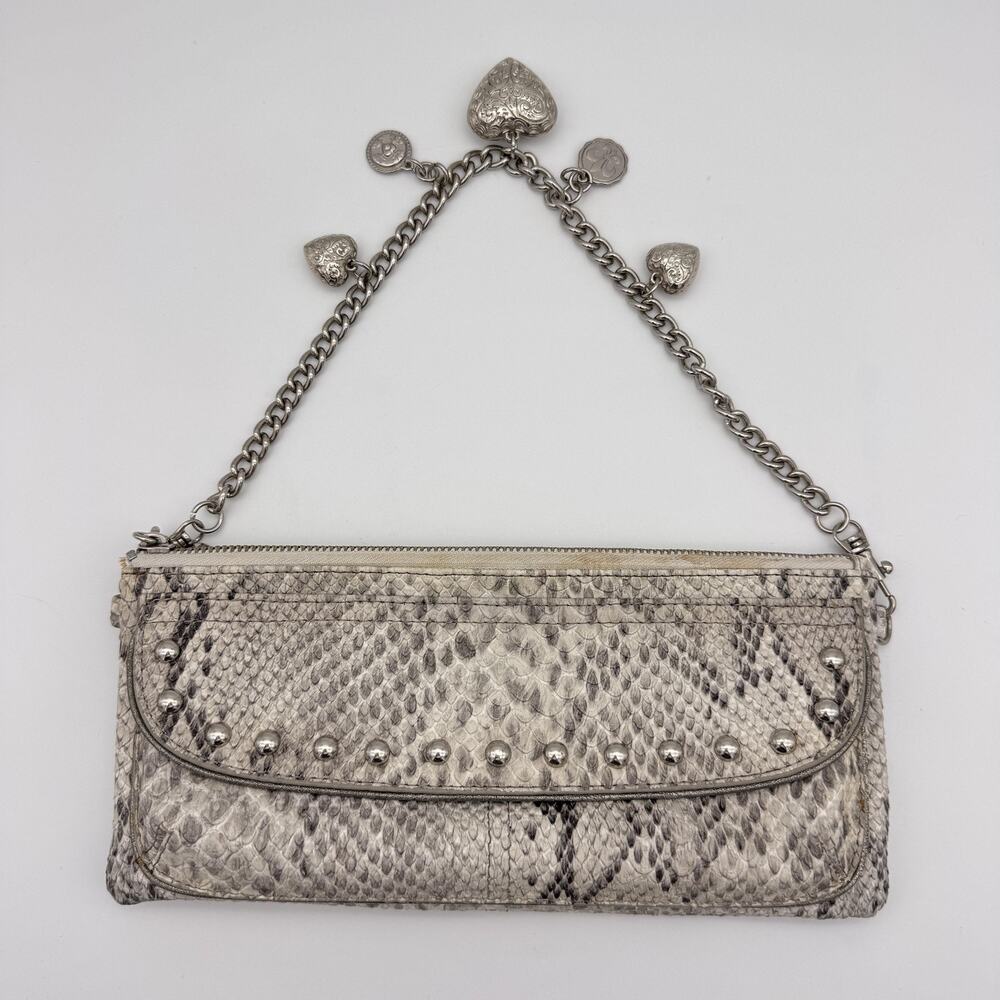 Kathy Van Zeeland Y2K Shoulder Clutch Bag Snakeskin Studded Chain Heart Charms - Picture 1 of 16
